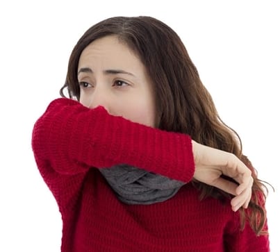 Coughing or sneezing into your elbow is one of the precautions for infection prevention you can take to reduce spread of droplets throughout the air.